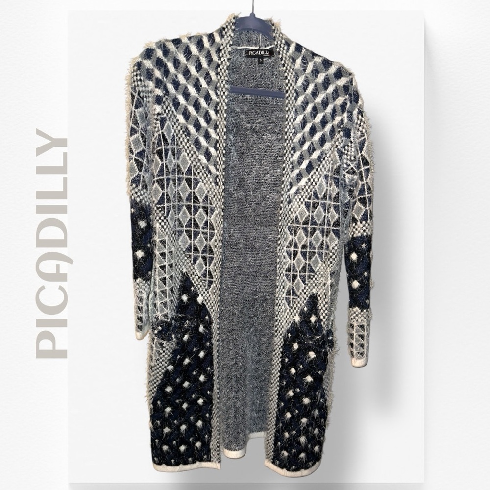 Picadilly Cozy Fuzzy geometric pattern long cardigan sweater